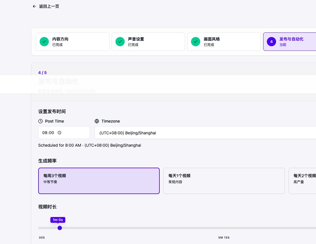 AriaFlow publishing schedule, frequency, and video length controls